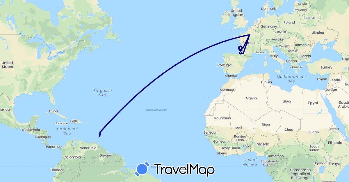 TravelMap itinerary: driving in France, Saint Lucia, Saint Vincent and the Grenadines (Europe, North America)